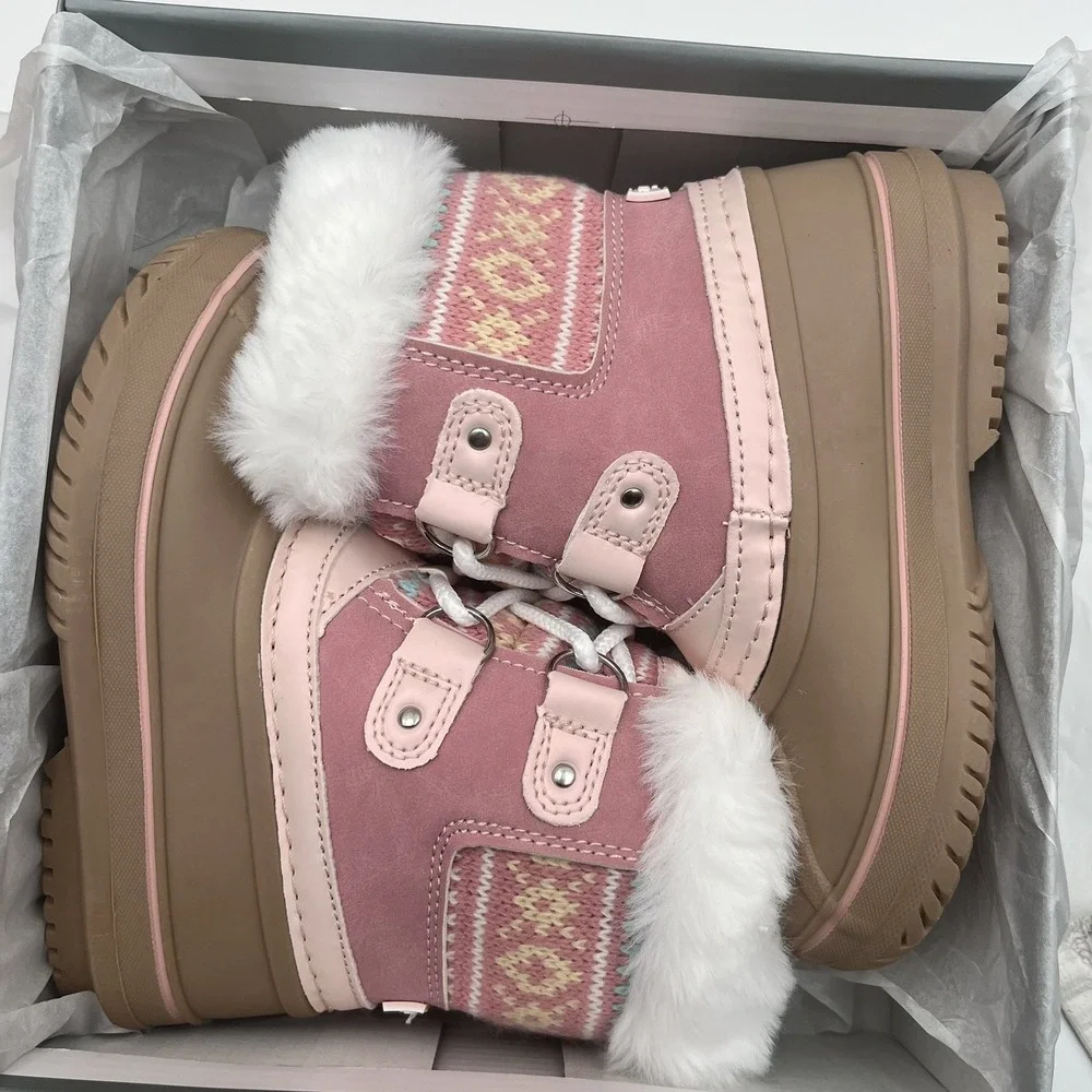 London Fog Toddler Girls Mid-Calf Snow Boots Size 9 Pink-Tan Faux Fur Waterproof